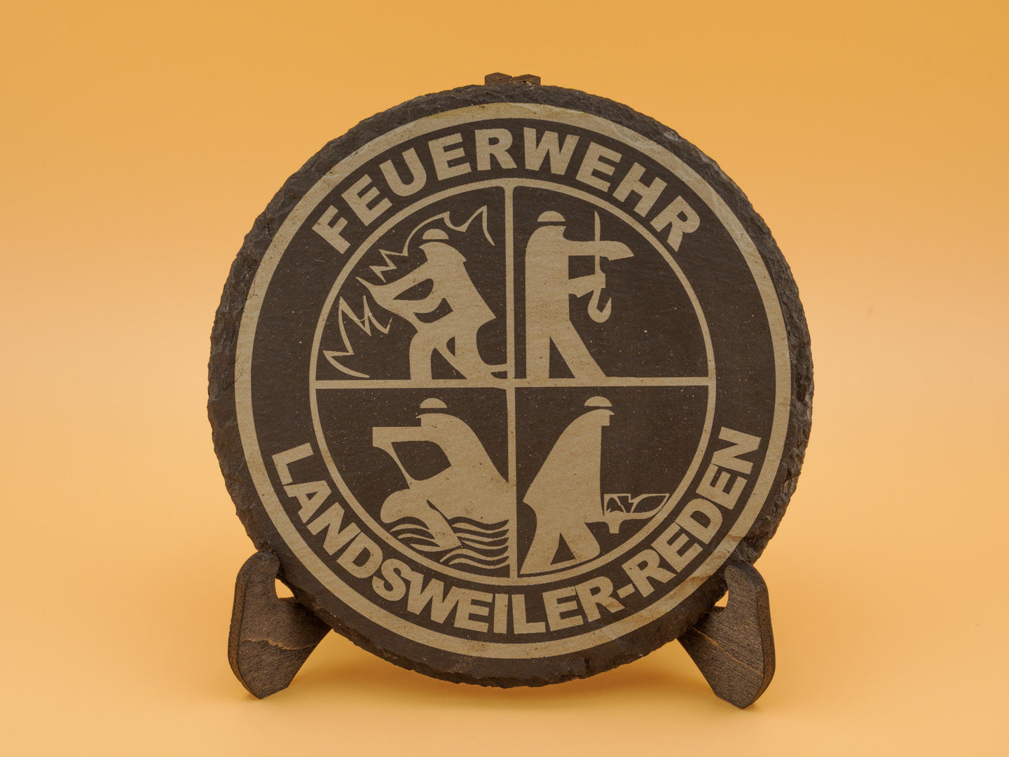 Schiefer Untersetzer Feuerwehr mit Holzbox – personalisiert mit Name/Ort – Geschenk Feuerwehrmann Kamerad